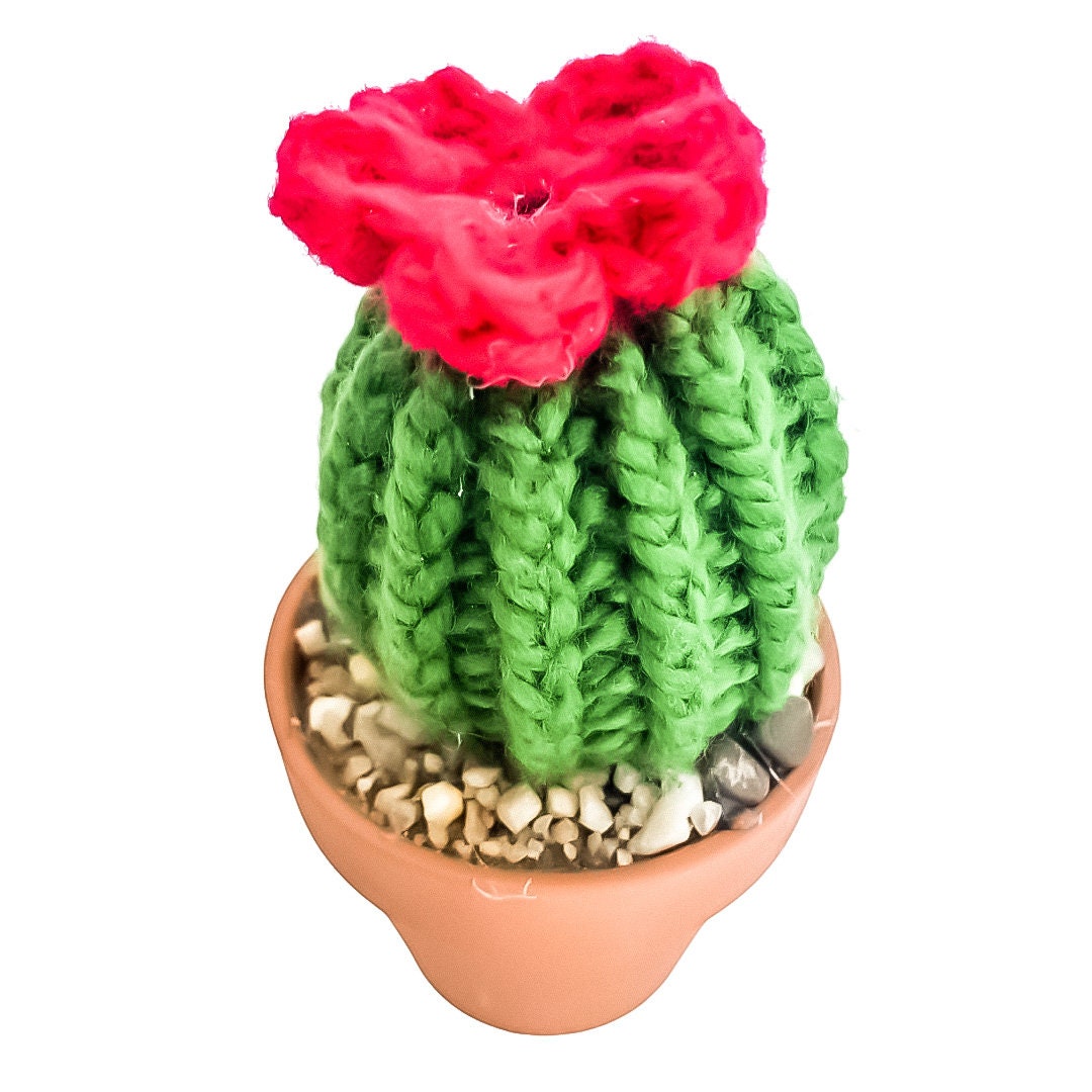 Knit Cactus // Barrel Cactus, Knit Cactus Plant with Pink Flower Planted in Mini Terracotta Pot // Boho Home Decor// Home Office Decor