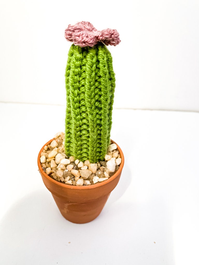 Knit Cactus // Pencil Cactus, Knit Cactus Plant with Purple Flower Planted in Terracotta Pot // Boho Home Decor // Home Office Decor