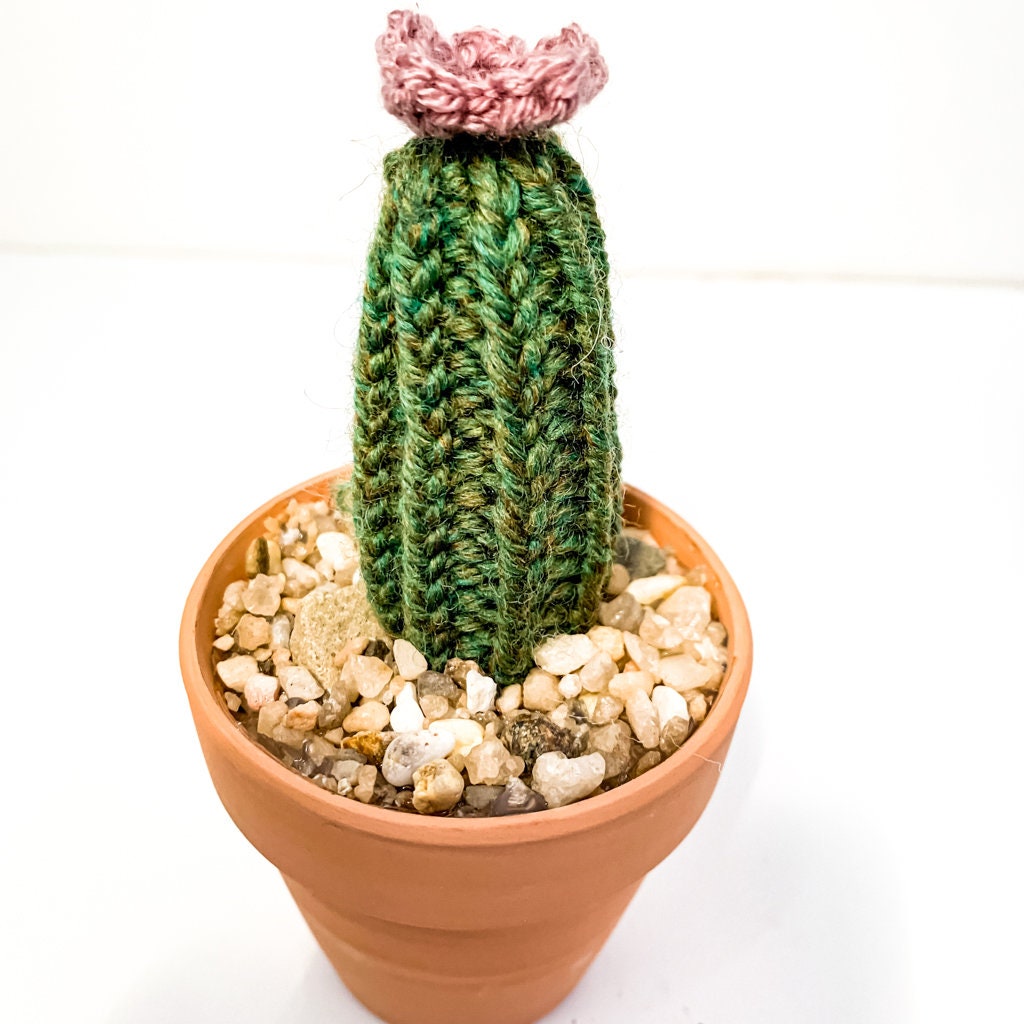 Knit Cactus // Pencil Cactus, Knit Cactus Plant with Purple Flower Planted in Terracotta Pot // Boho Home Decor // Home Office Decor