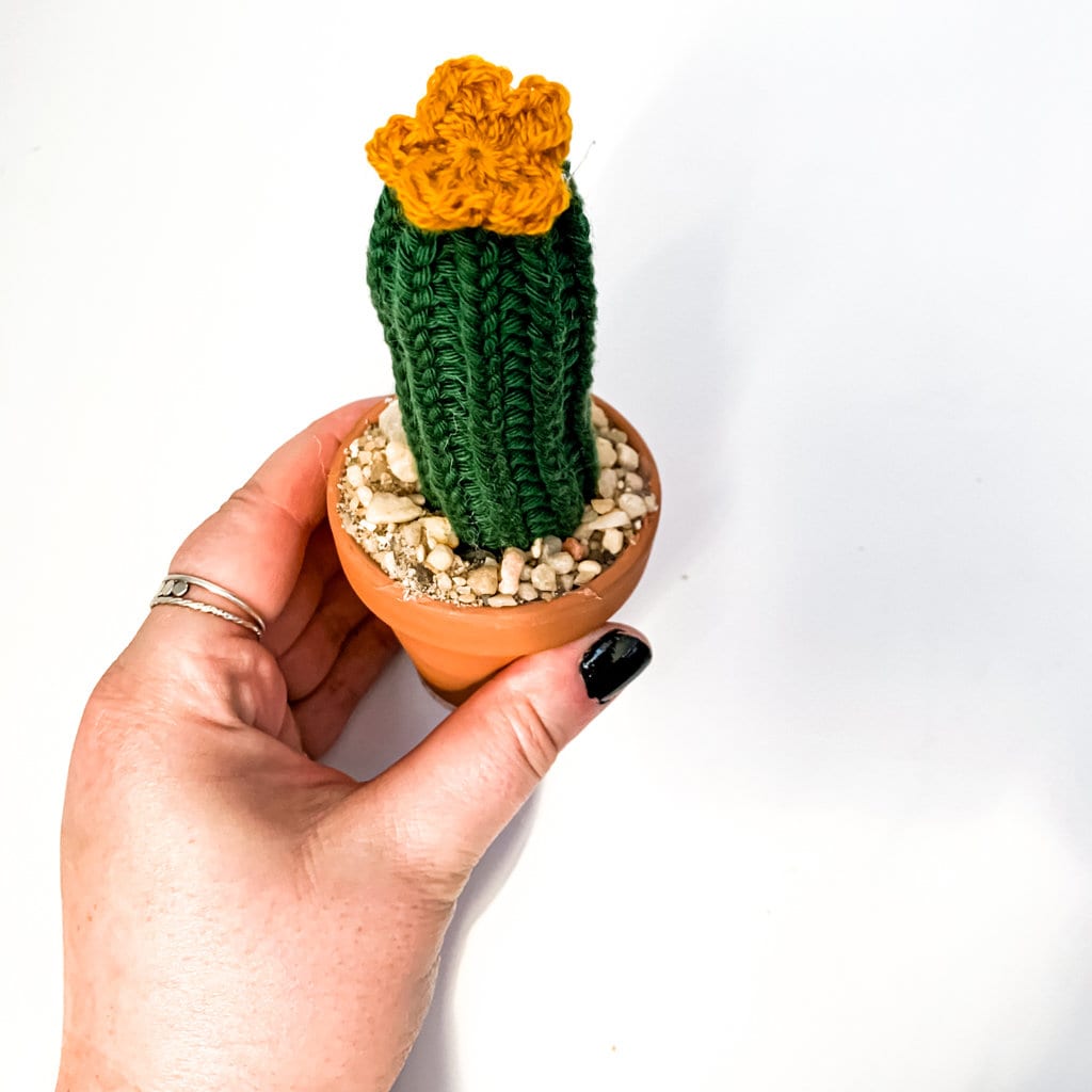 Knit Cactus // Pencil Cactus, Knit Cactus Plant with Yellow Flower Planted in Terracotta Pot // Boho Home Decor// Home Office Decor