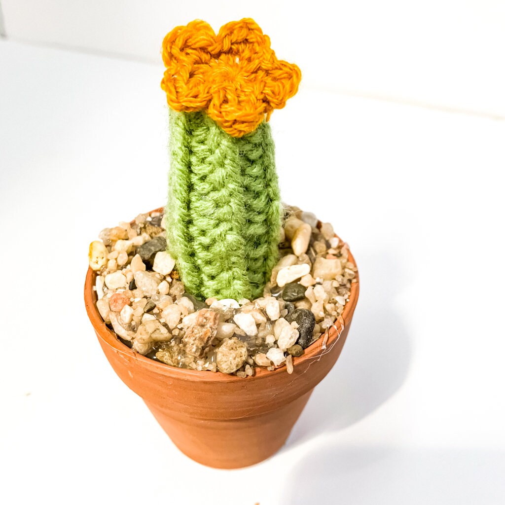 Knit Cactus // Pencil Cactus, Knit Cactus Plant with Yellow Flower Planted in Terracotta Pot // Boho Home Decor// Home Office Decor