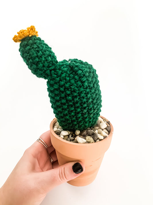 Knit Cactus // Prickly Pear, Knit Cactus Plant with Yellow Flower Planted in Terracotta Pot // Boho Home Decor// Home Office Decor