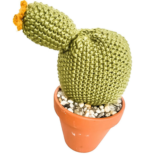 Knit Cactus // Prickly Pear Cactus, Knit Cactus Plant with Yellow Flower Planted in Terracotta Pot // Boho Home Decor // Home Office Decor