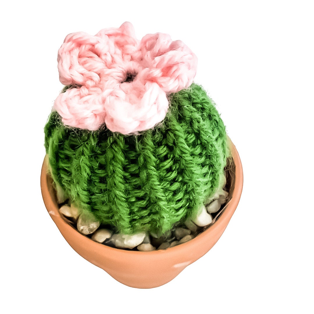 Knit Cactus // Barrel Cactus, Knit Cactus with Pink Flower Planted in Terracotta Pot // Boho Home Decor // Home Office Decor