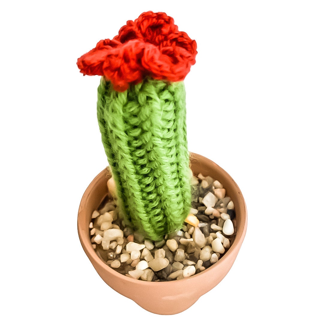 Knit Cactus // Pencil Cactus, Knit Cactus Plant with Orange Flower Planted in Terracotta Pot // Boho Home Decor// Home Office Decor