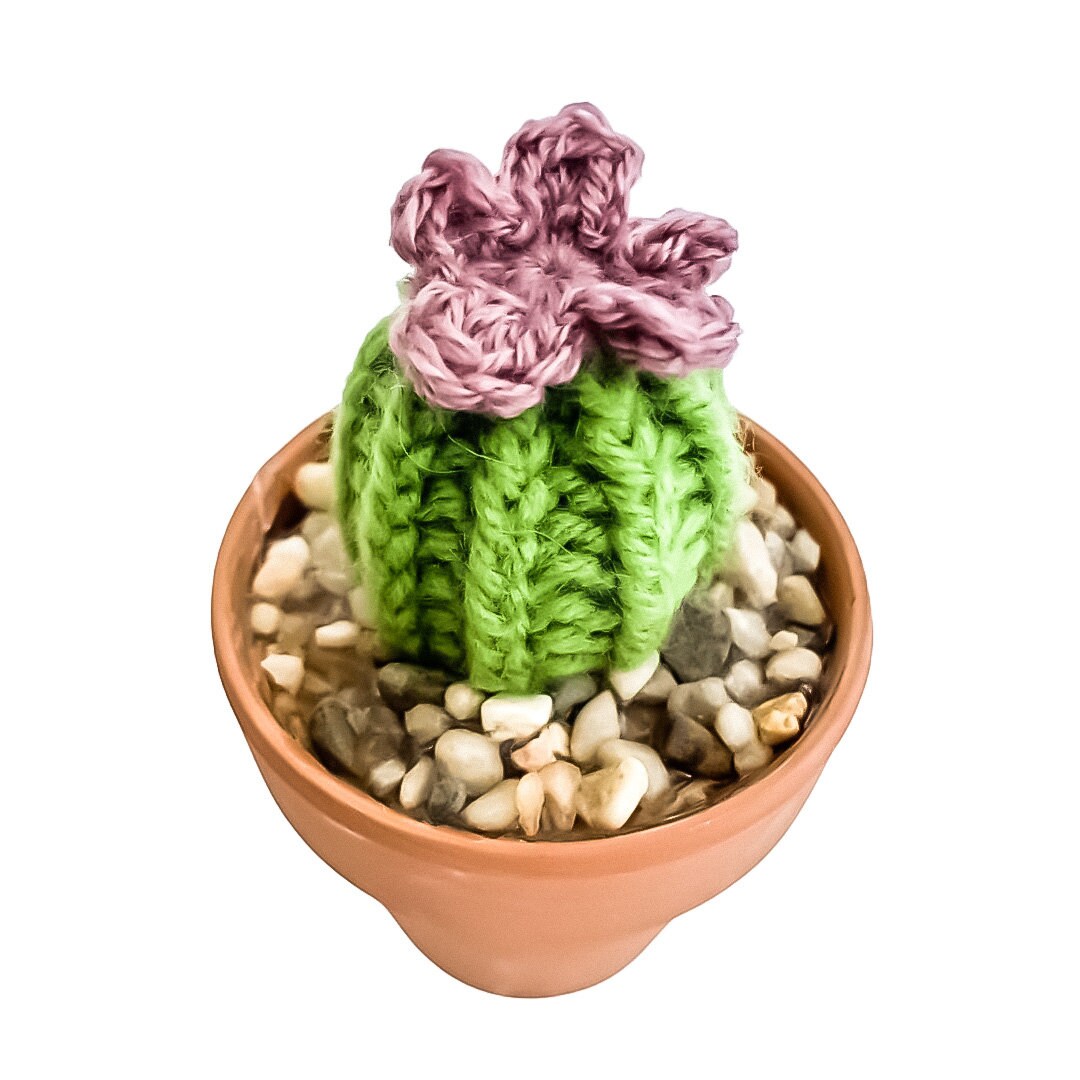 Knit Cactus // Barrel Cactus, Knit Cactus Plant with Purple Flower Planted in Mini Terracotta Pot // Boho Home Decor // Home Office Decor