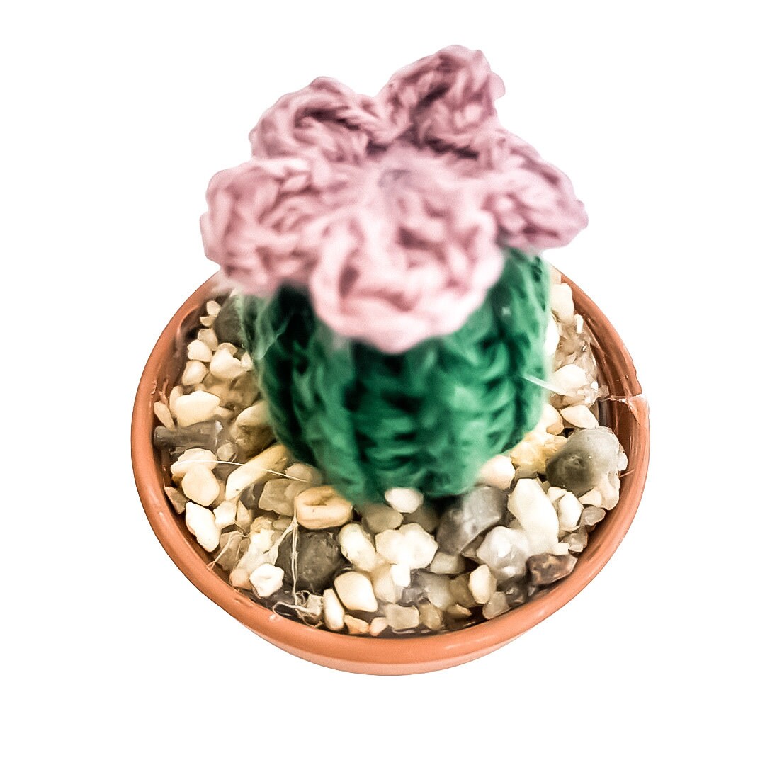 Knit Cactus // Barrel Cactus, Knit Cactus Plant with Purple Flower Planted in Mini Terracotta Pot // Boho Home Decor// Home Office Decor