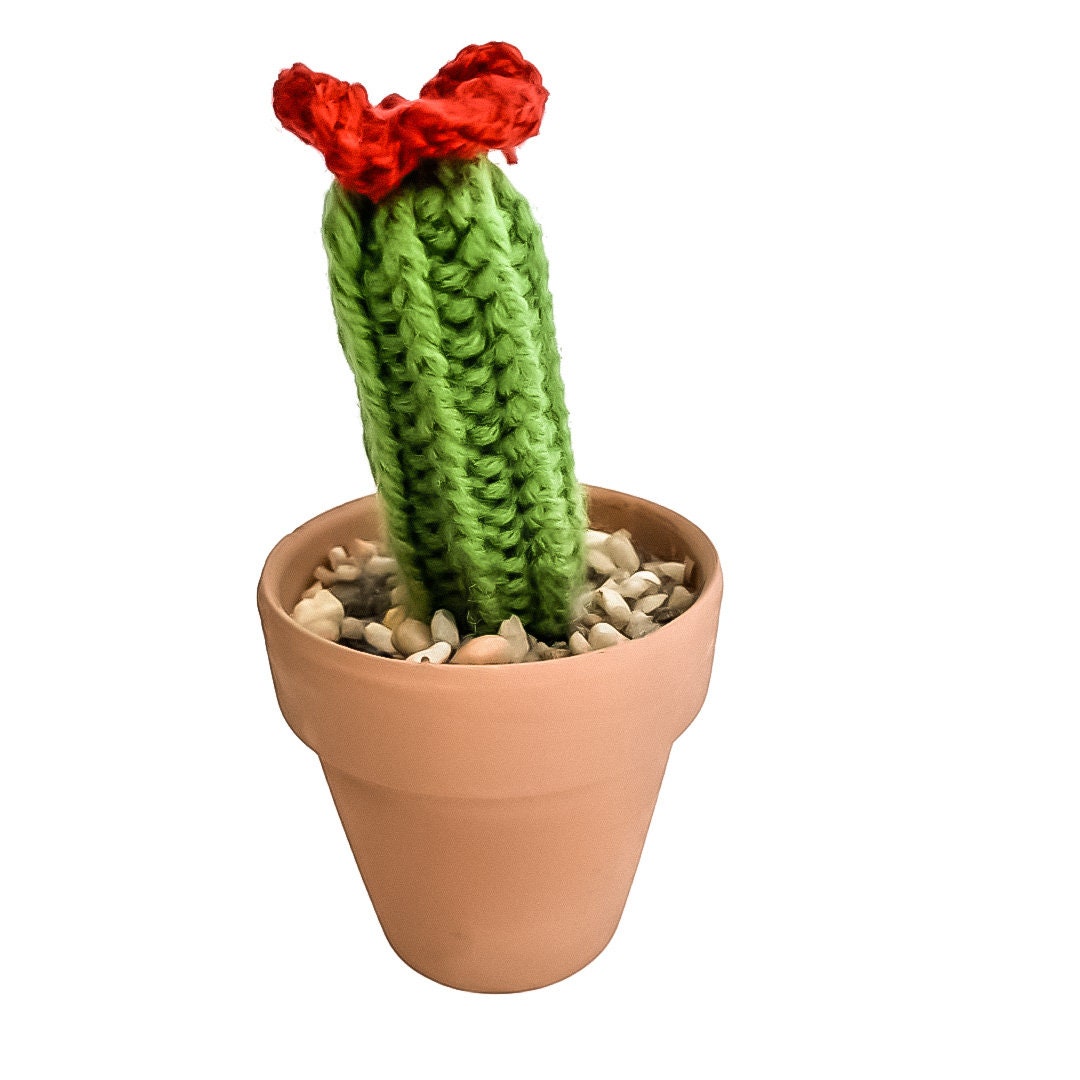 Knit Cactus // Pencil Cactus, Knit Cactus Plant with Orange Flower Planted in Terracotta Pot // Boho Home Decor// Home Office Decor