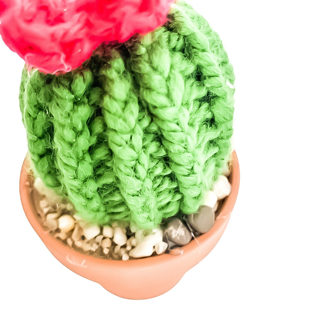 Knit Cactus // Barrel Cactus, Knit Cactus Plant with Pink Flower Planted in Mini Terracotta Pot // Boho Home Decor// Home Office Decor